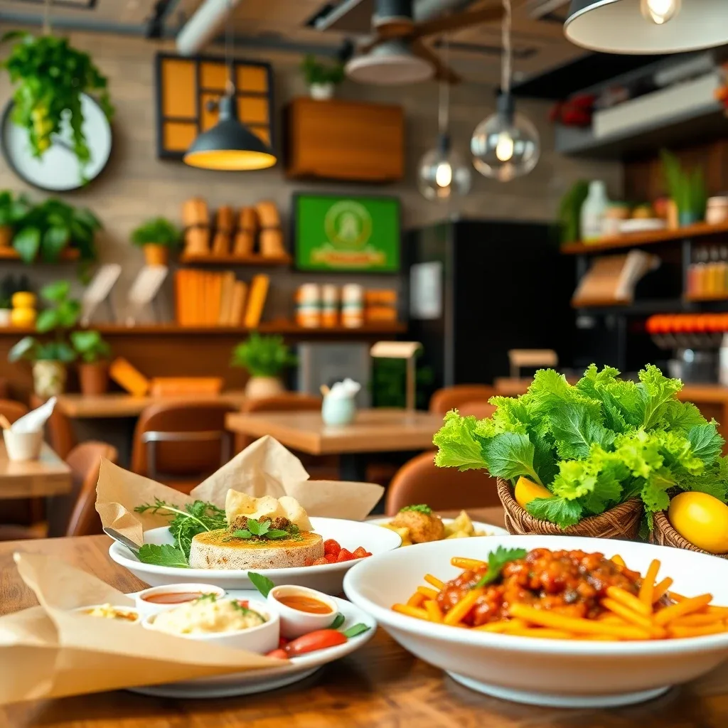 A vibrant spread of organic dishes and fresh juices displayed on a rustic wooden table at Green Leaf Bistro NYC